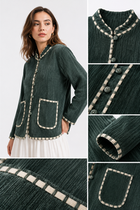 เสื้อแจ็คเก็ตกำมะหยี่วินเทจสำหรับผู้หญิง แจ็คเก็ตฤดูหนาวแบบคอตั้ง สไตล์ลำลอง บุด้วยขนเป็ด เป็นมิตรกับสิ่งแวดล้อม ระบายอากาศได้ดี สีเขียว - Product Image 6