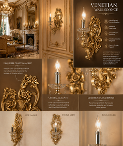 Applique murale de luxe de style baroque vénitien européen, luminaire décoratif haut de gamme avec miroir orné élaboré, en laiton élégant - Product Image 3