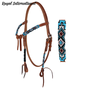 Bridon en cuir perlé style western, réglable, motif turquoise, équipement d'équitation, fait main, pour ranch, rodéo et entraînement - Product Image 1