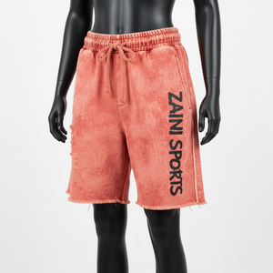 Shorts de détente en molleton de coton doux 320 GSM, délavé à l'acide, couleur corail, avec logo personnalisé imprimé - Product Image 4