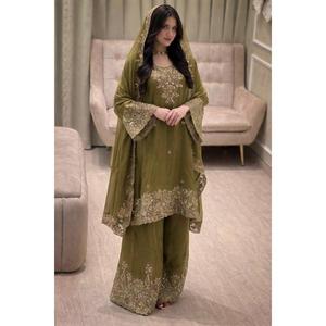 Conjunto Kurti Palazzo Bordado Color Granate con Dupatta, Traje Salwar para Mujer, Ropa Étnica para Bodas y Fiestas - Product Image 1
