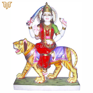 Goddess Durga Riding Tiger with Sword and Lotus | Colorful White Marble Murti with Red Attire by MALIYAS Jaipur - Product Image 1