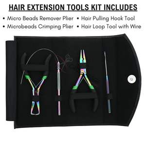 Kit d'outils pour extensions de cheveux multicolores Micro Link avec pince à sertir les perles, pince à sertir, applicateur et outil à boucle et crochets, dans un étui - Product Image 2