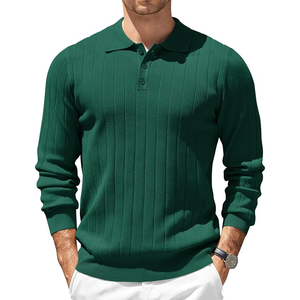 <b>Men's</b> Knitted Long Sleeve Polo Sweater Solid Color Autumn Casual Pullover Full Sleeve Button Closure Green - Product Image 4