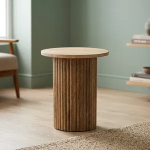 Modern Round Wood Side <b>Table</b> With Ribbed Base Handmade Solid Oak Accent <b>End</b> <b>Table</b> for Living Room Bedroom Home Decor - Product Image 3