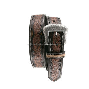 Ceinture en cuir véritable style western punk à motifs floraux gaufrés avec boucle, faite à la main pour homme - Product Image 2