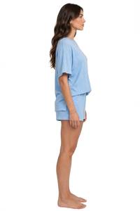 Conjunto de Top de Manga Corta y Pantalones Cortos de Punto Acanalado Azul Claro para Mujer, Ropa Casual de Verano de 2 Piezas - Product Image 3
