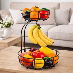Panier à fruits et légumes en fer à 2 niveaux, écologique, durable, support à bananes, noir, 64 oz, organisateur de rangement pour la maison et la cuisine - Product Image 2