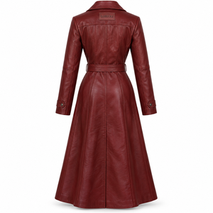 Abrigo Largo de Cuero Borgoña para Mujer, Estilo Gabardina, con Cinturón, Personalizado, OEM, ODM, Venta al Por Mayor de Fábrica - Product Image 2