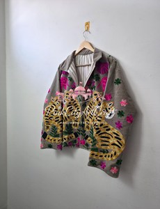 Handcrafted Woven Velvet Tiger Embroidered <b>Quilted</b> Jacket Artisanal Rajasthani Festive Winter Boho Breathable Eco-Friendly Thick - Product Image 1