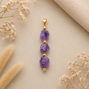 Natural Amethyst Pendant Charm, Purple Crystal Jewelry, Gold Bead Minimal Pendant, Handmade Boho Style Necklace - Product Image 2