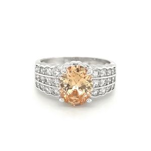 Classic Round Shape Rhodium Plated Champagne CZ Ring Jewelry - Product Image 3