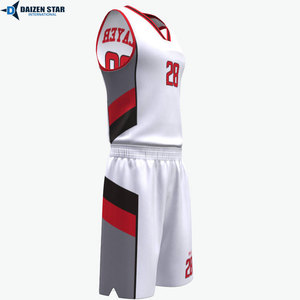 Custom Basketball Jersey Set White <b>Red</b> Black V-Neck Sleeveless Sublimated Moisture Wicking Mesh Polyester Unisex Elastic Waist - Product Image 5