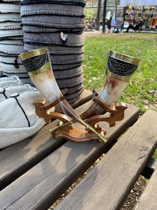 Customized Viking Horn Beer <b>Mugs</b> With Wooden Stand And Sword Holder Floral Pattern <b>Gold</b> Plated Vintage Style For Party Adult Use - Product Image 6