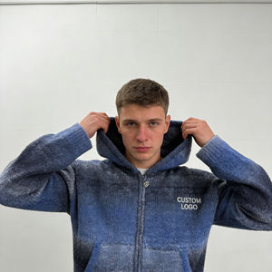 Sweat à capuche décontracté pour homme, tendance, bleu gris dégradé, en tissu texturé duveteux, avec fermeture éclair, imprimé personnalisé, poche surdimensionnée - Product Image 6