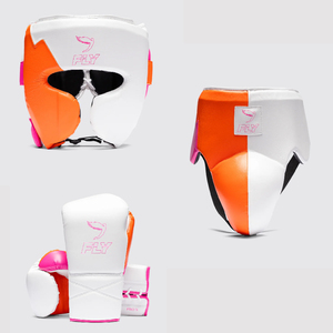 Guantes de Boxeo de Piel Genuina Naranja y Blanca de Primera Calidad para Cabeza e Ingle, Conjuntos de Guantes para Entrenamiento y Sparring de Muay Thai y MMA - Product Image 1