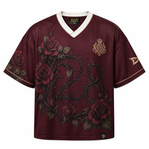 เสื้อยืดกีฬาผู้ชายทรงโอเวอร์ไซส์สไตล์ Y2K ลายกราฟิกสีแดงเบอร์กันดีแบบตาข่าย สตรีทแวร์ แขนสั้น - Product Image 2