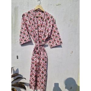 Geometric Floral Print Cotton <b>Kimono</b> Robe Women <b>Beach</b> Cover Up Lightweight Lounge Wear Bathrobe Casual Wrap Dress - Product Image 1