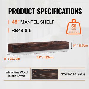48\" X 8\" X 5\" 50 Lbs Capacity Natural Wood Fireplace Mantel <b>Wall</b> <b>Mounted</b> Floating Farmhouse Style Display <b>Shelf</b> - Product Image 3