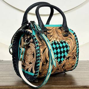Sac de voyage en cuir artisanal Western avec motif cœur turquoise, sac fourre-tout, sacoche cylindrique, sacs à main de mode pour femmes - Product Image 4