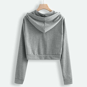 Women's Black <b>Cropped</b> Hoodie <b>Zip</b>-<b>Up</b> Sweatshirt Full Sleeve Solid Color Knitted Cotton Autumn Wear Casual Style - Product Image 3