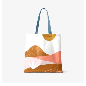Bolsa de tela de algodón teñida lisa con diseño de bloques de color azul y naranja, asas negras, estilo tejido ecológico. - Product Image 4