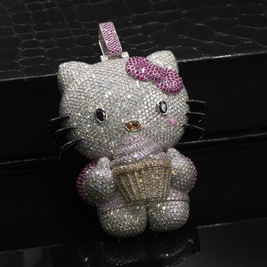 Fully Iced Out Hello Kitty <b>Pendant</b> VVS Moissanite Heavy Solid Back 925 Silver 10K 14K Solid Gold <b>3</b> Inch Hip Hop Charm Medallion - Product Image 1