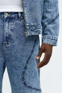 Vaqueros anchos de mezclilla para hombre, estilo streetwear, corte holgado, lavado a la piedra, con parches, cintura media, tela de algodón, para otoño - Product Image 2