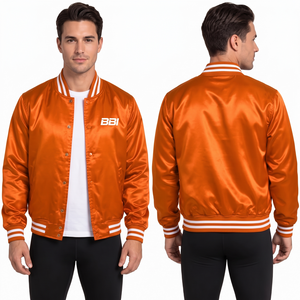 Veste en satin pêche-orange à boutons-pression avec col et ourlet côtelés rayés blancs à finition brillante pastel, et offre de streetwear personnalisé en gros - Product Image 2