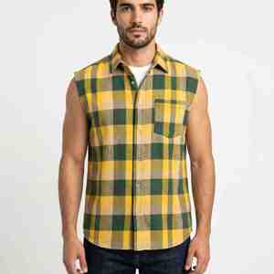Chemise sans manches en flanelle à carreaux pour homme, coupe ample, 100 % coton, col rabattu, style décontracté, pour l'automne, personnalisable en usine - Product Image 1