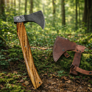 Hacha Vikinga Hecha a Mano de Grado Industrial con Cabeza de Acero de Damasco, Mango de Madera y Funda de Cuero para Uso de Supervivencia - Product Image 3