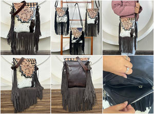 Bolso Bandolera de Cuero Repujado a Mano con Diseño de Tablero de Ajedrez y Flecos de Pelo de Vaca, Estilo Boho, para Mujer, 2026 - Product Image 3