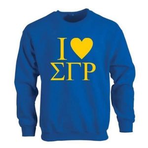 เสื้อสเวตเชิ้ตคอกลม I Love Sigma Gamma Rho สีน้ำเงินรอยัล สำหรับผู้หญิง ลายกราฟิกตัวอักษร สไตล์ลำลองสำหรับชมรมนักศึกษากรีก  แบบสั่งทำพิเศษ - Product Image 1