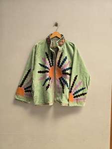 Mint <b>Green</b> <b>Velvet</b> Suzani Jacket for Women Handmade Celestial Sunburst Embroidery Boho Ethnic Designer Outerwear Wholesale Export - Product Image 1
