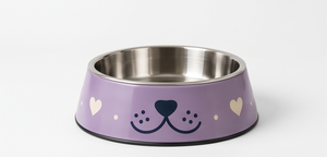 Gamelle OEM en acier inoxydable émaillé lavande pour chien, base antidérapante, motif visage de chiot et cœur, pour nourriture et eau, vente en gros - Product Image 5