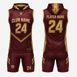 Ensemble de maillots de basket-ball en spandex personnalisés par sublimation avec fusion sans couture, bordeaux et or, respirant, pour hommes adultes, taille 24 - Product Image 1