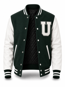 Chaqueta Varsity Unisex Verde con Mangas Blancas, Parche Bordado con la Letra U, Estilo Urbano, Cuello Camisero, Informal de Invierno - Product Image 2