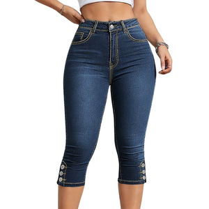 Women's Dark Blue <b>Denim</b> Capri Pants High Waist <b>Stretch</b> Skinny Fit Casual Breathable Quick Dry XL Knee-Length Button Hem Jeans - Product Image 1