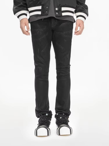 Jeans de Mezclilla para Hombre de Alta Calidad, Marca Americana de Estilo Urbano, Cómodos, Corte Ajustado, Desgastados, Color Negro Lavado - Product Image 1