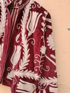 Premium Burgundy <b>Velvet</b> Floral Embroidered Suzani <b>Jacket</b> Full Sleeve Stand Collar Handmade Bohemian <b>Women</b> Winter Outerwear - Product Image 4