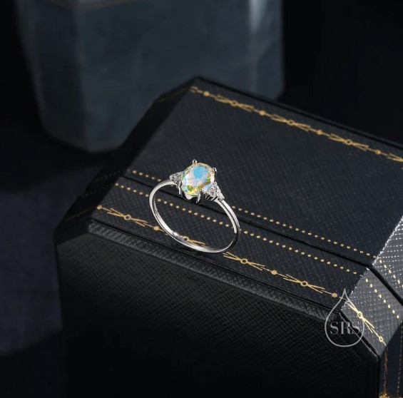 AB Auroral Opal Oval Ring in Sterling Silver 14k Gold Plated Zircon Tension Set Luxury Vintage Inspired Wedding Design