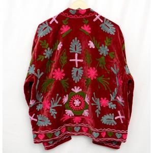 Red Velvet Embroidered Floral Open Front <b>Cardigan</b> Bohemian Style Mandarin Collar Three Quarter <b>Sleeve</b> Reversible Eco-Friendly - Product Image 2
