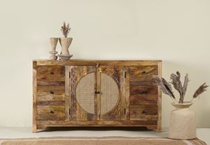 Aparador de Madera de Mango Tallado a Mano con Puertas de Ratán, Mueble de Almacenamiento Rústico, Mueble Boho para Sala de Estar - Product Image 4