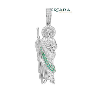 Pendentif Saint Jude en argent 925 plaqué or 14 carats avec accents de moissanite et d'émeraudes, style hip-hop, charme religieux, bijoux unisexe - Product Image 1