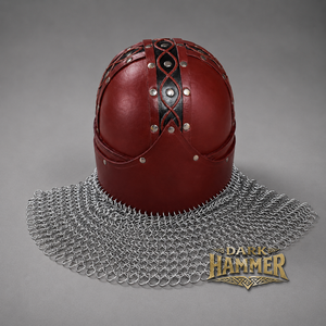 Casque médiéval artisanal en cuir marron style nordique avec chaîne de gilet et protège-cou riveté – Modèle Dark Hammer - Product Image 5