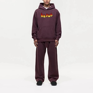 Conjunto de Sudadera con Capucha y Pantalones Deportivos para Hombre, Color Borgoña, Casual, Estampado, de Felpa, Tejido, Otoñal, 100% Algodón, con Cordón Ajustable - Product Image 4