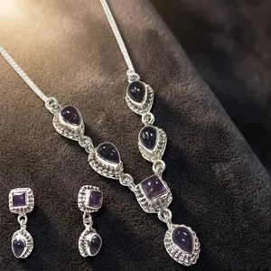 Purple Amethyst Long Chain Necklace Earrings Set 925 Sterling Silver Bezel Setting Women's Elegant Bohemian Party Gemstone - Product Image 2