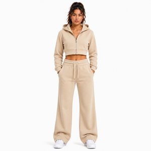 High Quality <b>Women</b> <b>Short</b> Crop Hoodie Zip Front Wide Leg Sweatpants Soft Fleece Two Piece Suit Solid Color Custom Tracksuit <b>Set</b> - Product Image 3
