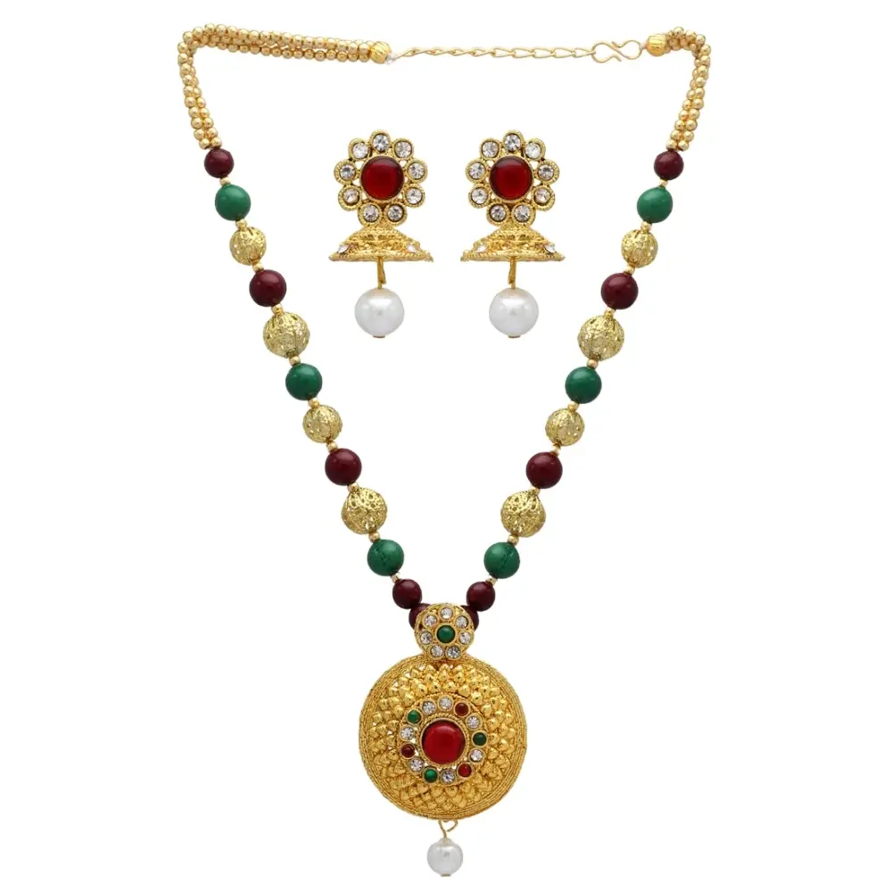 Maroon & Green Color Imitation Pearl Pendant With Earrings