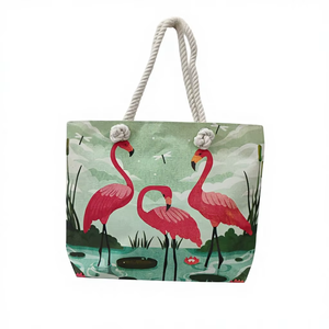 Sac fourre-tout en toile imprimé personnalisé style vintage Flamingo pour femme, avec fermeture éclair, grand sac de plage et de shopping, pour le quotidien et les voyages, vente en gros - Product Image 1